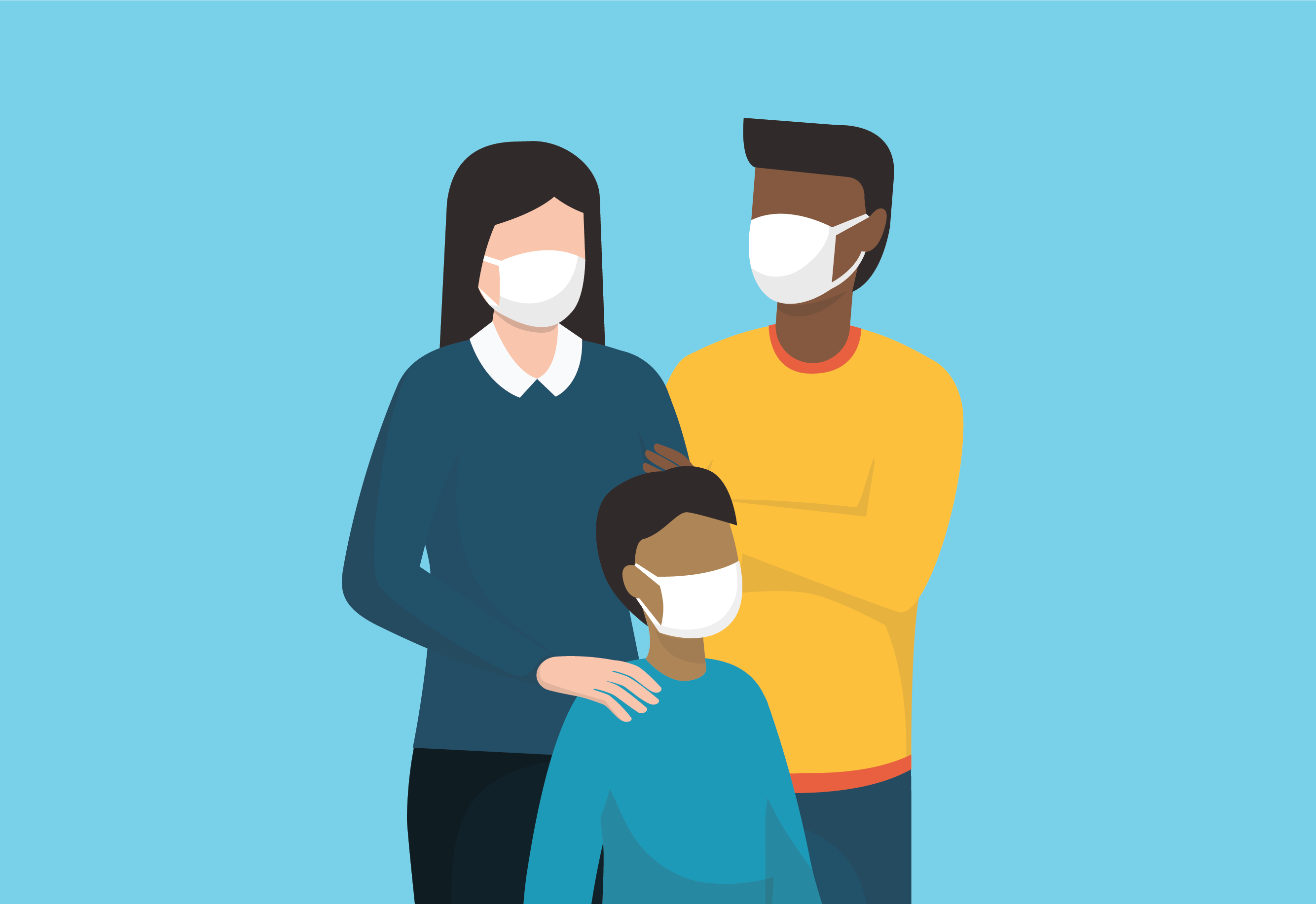Multiracial family wearing face masks